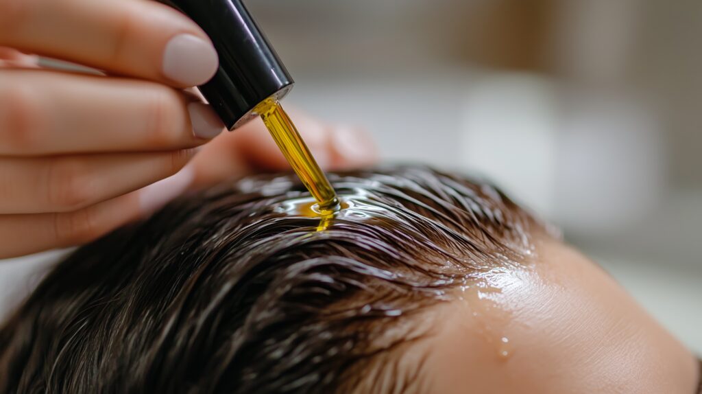 a person applying nourishing oil to their hair for improved moisture and shine at a salon during a beauty treatment session